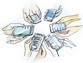 Illustration von kreisförmig angeordneten Händen, die Handys halten. 