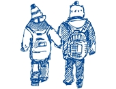 Illustration zweier Kinder auf dem Schulweg.