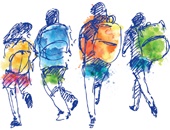 Illustration von vier Schülern, die gemeinsam zur Turnhalle laufen.